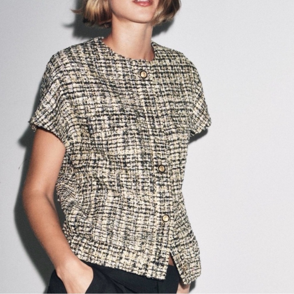 Zara collection black gold sequin tweed button down short sleeve blouse XS S - Picture 2 of 10